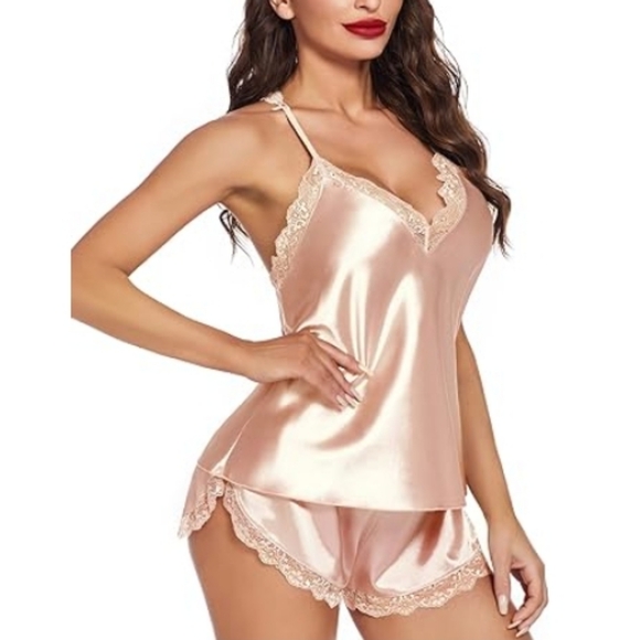 Nightwear Satin Pajamas Set Sleepwear Womens Sexy Lingerie Champagne - Picture 7 of 9